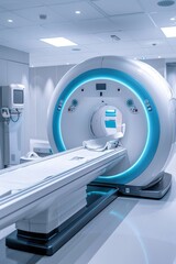 High-tech MRI scanner in a pristine hospital room, showcasing advanced medical imaging technology.
