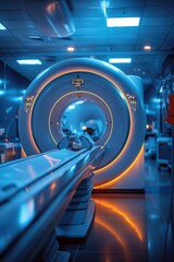 A state-of-the-art MRI machine in a contemporary medical facility, illuminated with blue and orange lights, showcasing advanced healthcare technology.