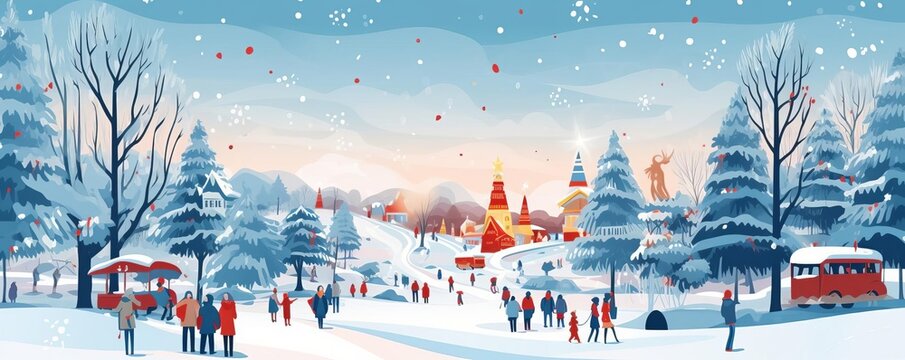 Winter wonderland, snowy landscape and festivities, flat design illustration