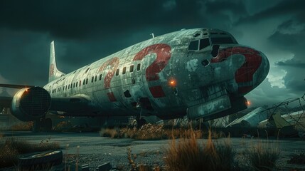 Abandoned Retrofuturistic Aircraft with Surreal Question Mark Installations