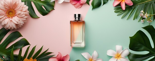 Elegant perfume bottles on a colorful background with exotic flowers, showcasing sophistication, copy space