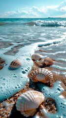 Tranquil beach with smooth cyan seashells and gentle waves, providing ample area for text, perfect for summer holiday promotions.