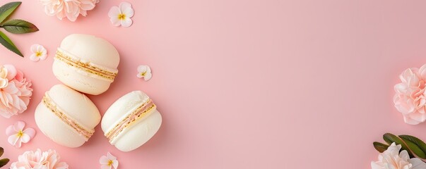 Fototapeta premium Elegant ice cream sandwiches with gold accents on a bright background adorned with floral elements, showcasing sophistication, copy space