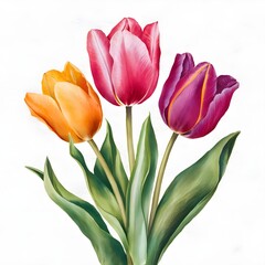 Bouquet.Watercolor floral illustration of beautiful one tulip on the white background. Cute greeting card.Spring red,yellow,orange flower and green leaves.Greeting card for mother`s,women`s day.
