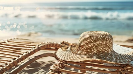 Tranquil Beachside Relaxation   Straw Hat and Sunglasses on Woven Rattan Chair with Ocean View