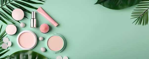 Assorted cosmetics on a cheerful background with tropical foliage, emphasizing fun and beauty, copy space