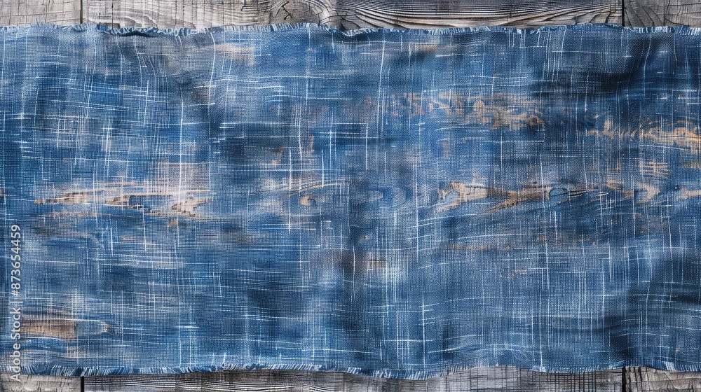 Poster top view of blue wooden background with gray linen texture and empty space for design simulation