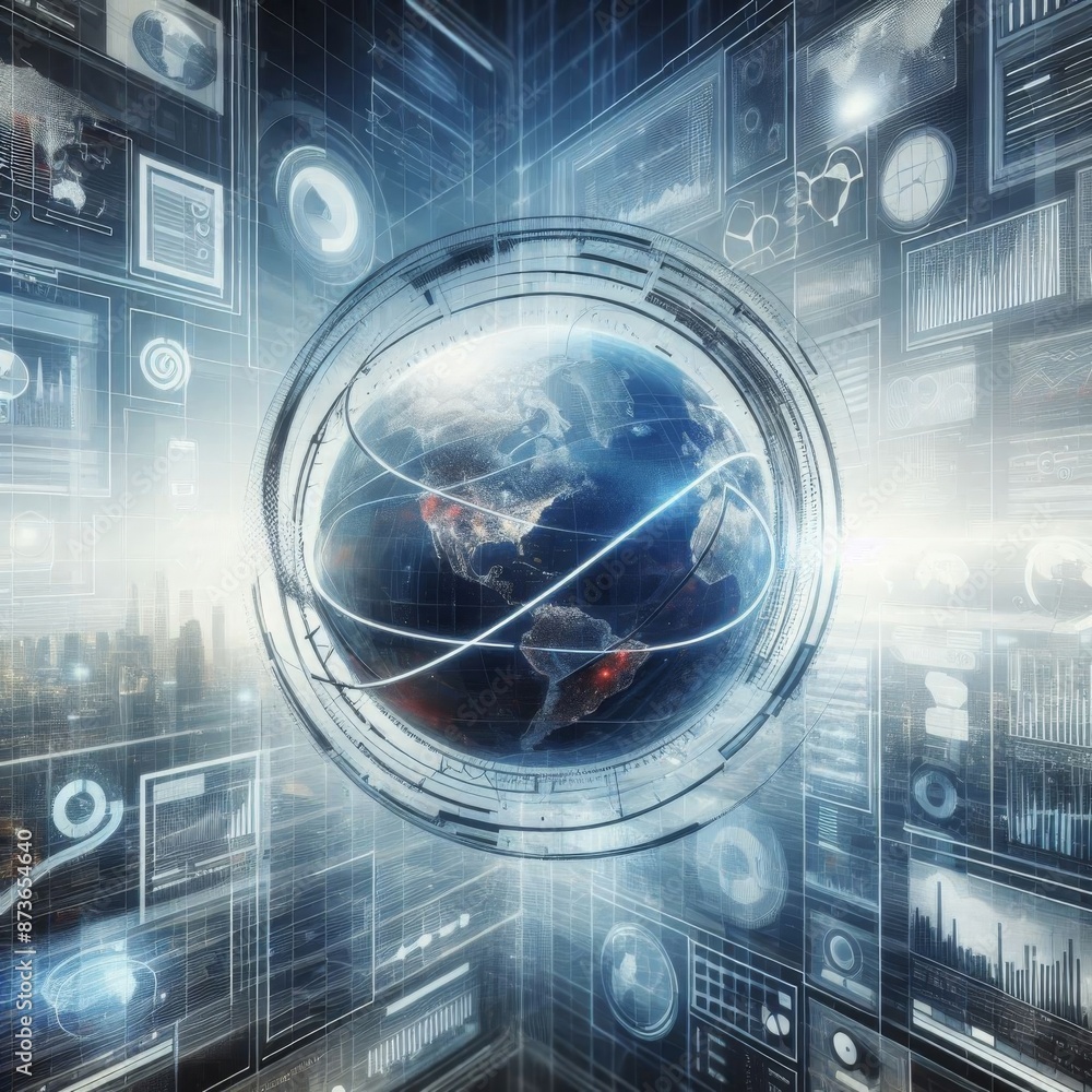 Poster a futuristic business background with a global theme, incorporating infinity loops and high-tech com