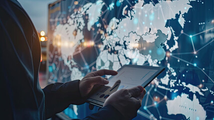 A diverse business team collaborates online using laptops and tablets for global communication and success