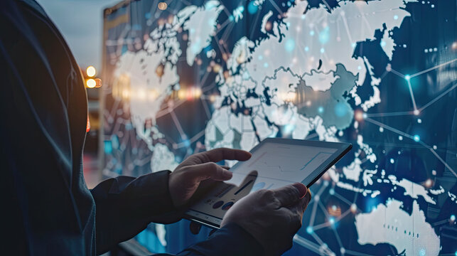 A diverse business team collaborates online using laptops and tablets for global communication and success