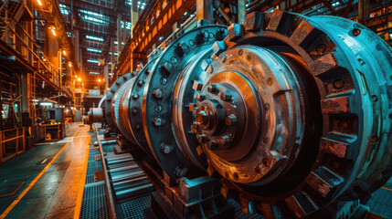 Fototapeta premium Close-up view of a large industrial machine inside a factory with bright lights and complex machinery parts.