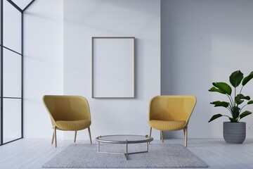white living room with modern armchair and blank poster frame