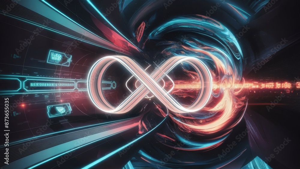Poster a futuristic business background with a global theme, incorporating infinity loops and high-tech com