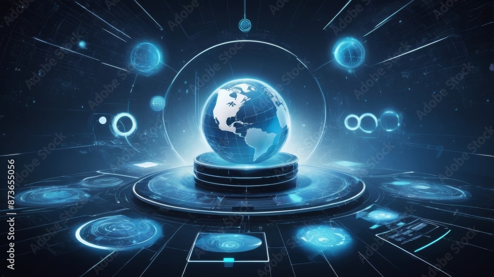 Poster a futuristic business background with a global theme, incorporating infinity loops and high-tech com