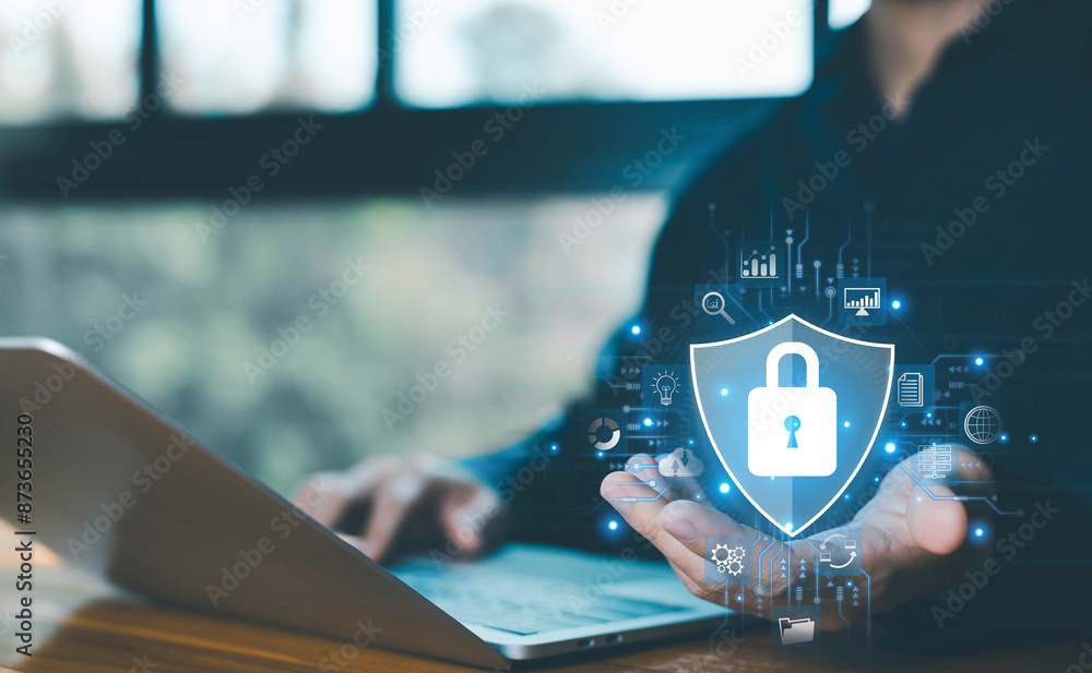 Poster lock mark cybersecurity internet, concept of protect attacks from a hacker, virus cyber, password pr