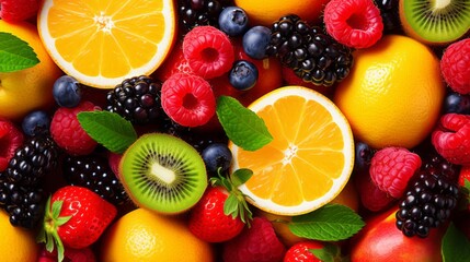 Healthy fruit platter background: top view of fresh and vibrant assorted fruits including strawberries, raspberries, oranges, plums, apples, kiwis, grapes, blueberries, mango, and persimmon, selective