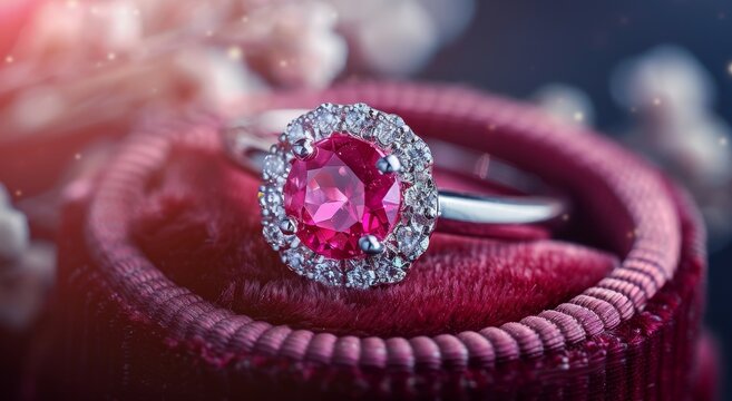 Pink ruby ring with diamonds, placed in an elegant velvet box. The scene captures the elegance of the gemstone, creating a romantic atmosphere for Valentine's Day