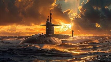 Majestic Nuclear Powered Submarine Surfacing from Dramatic Oceanic Scenery in Digital Painting