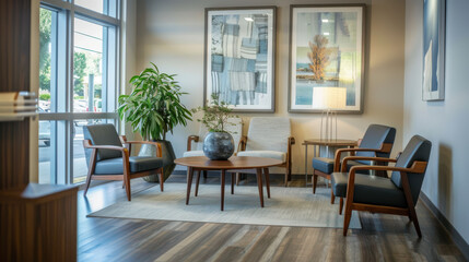 A comfortable and inviting waiting area in a modern clinic, with contemporary furniture and calming decor
