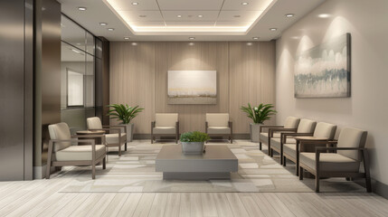 Fototapeta premium A comfortable and inviting waiting area in a modern clinic, with contemporary furniture and calming decor