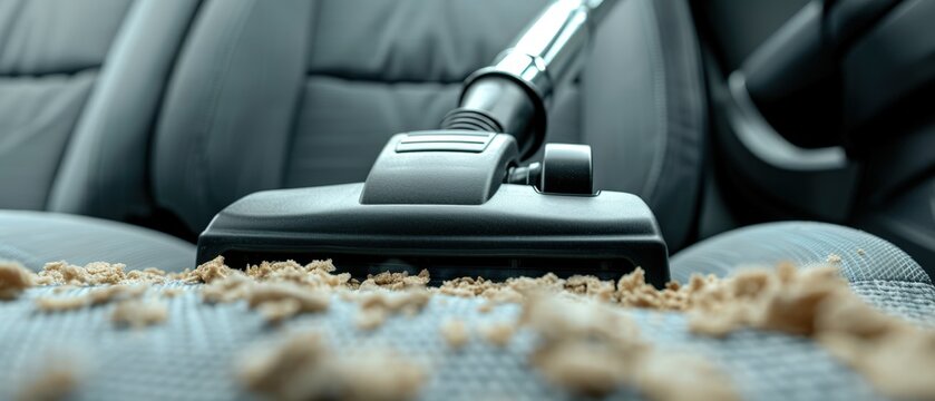 Close-up of a vacuum cleaner head cleaning a car seat.