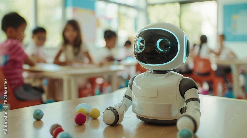 Aufkleber the picture of the robot is staying inside the classroom that has been filled with the children to g