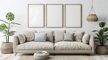 Three poster or photography frame mockup on the white wall in a Boho style interior with sofa and other furniture decor. 