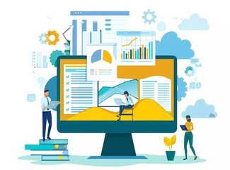 Flat vector illustration of people holding paper documents and files, next to them is an open computer with clouds on the screen and graphs in the style of flat design.