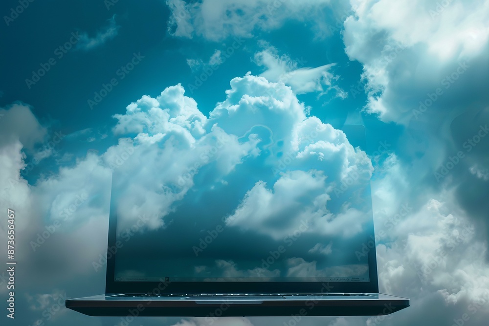 Aufkleber laptop displaying clouds on its screen, blending with the sky in the background