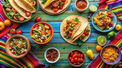Mexican fiesta featuring tacos, burritos, quesadillas, chili, fajitas, and tortillas on a colorful table, Mexican food