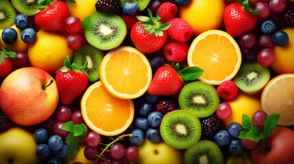 Healthy fruit platter background: top view of fresh and vibrant assorted fruits including strawberries, raspberries, oranges, plums, apples, kiwis, grapes, blueberries, mango, and persimmon, selective
