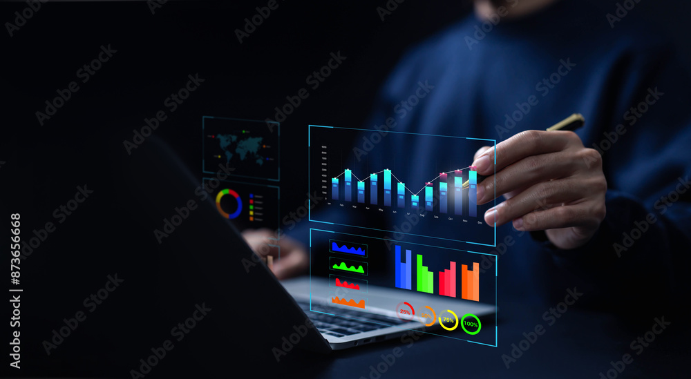 Poster analyst manages the system database, analytics business and reports on the computer. concept of analysis data plans shows a dashboard chart, research on platform digital technology