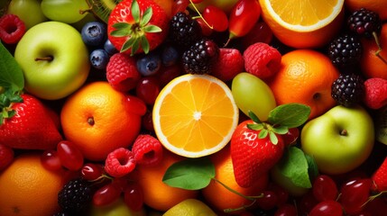 Healthy fruit platter background: top view of fresh and vibrant assorted fruits including strawberries, raspberries, oranges, plums, apples, kiwis, grapes, blueberries, mango, and persimmon, selective