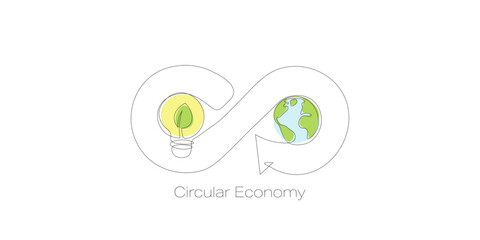 Earth and Light Bulb in infinite loop symbol Circular economy concept. Continuous line art drawing. Ecology and Environment concept. Line art vector illustration.