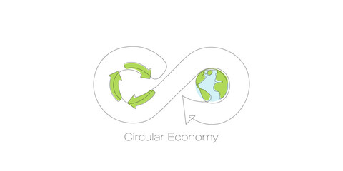 Earth and recycle symbol in infinite loop symbol Circular economy concept. Continuous line art drawing. Ecology and Environment concept. Line art vector illustration.