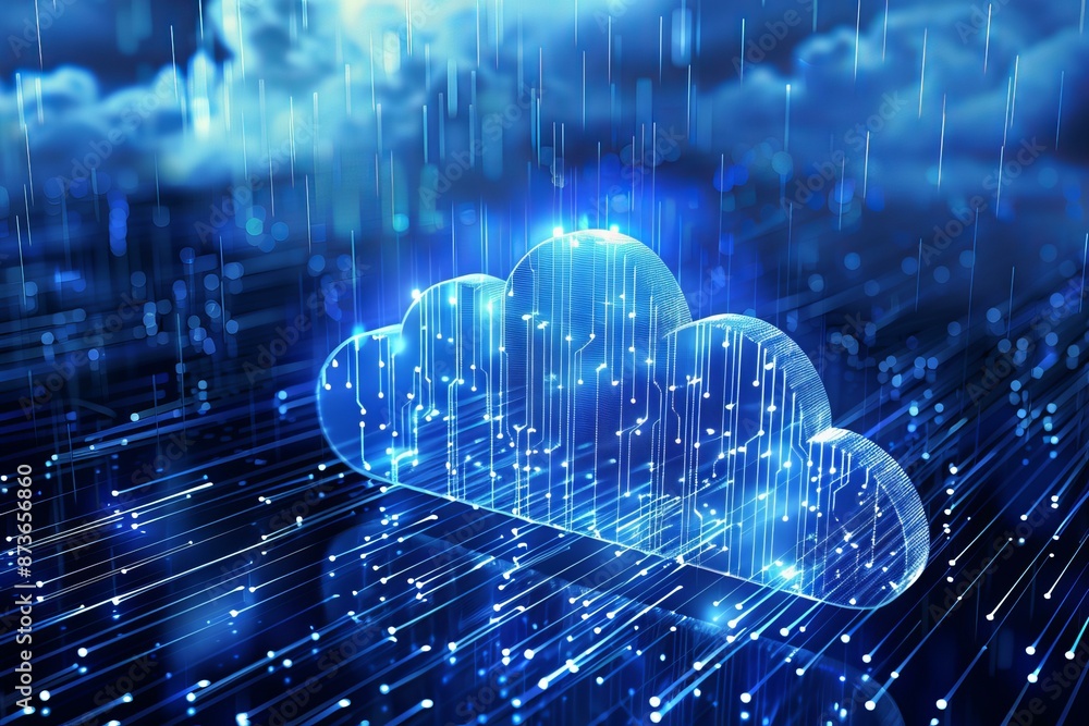 Poster abstract image showcasing a glowing cloud symbol amidst a backdrop of digital data streamlines