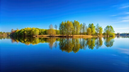 Reflection of a cloudless blue spring sky on a serene lake surface, Spring, landscape, sky, blue, water, reflection, lake