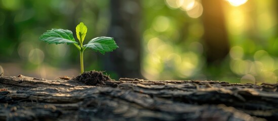 A young green plant sprouting from a tree trunk in a lush forest, illuminated by warm sunlight in the background.