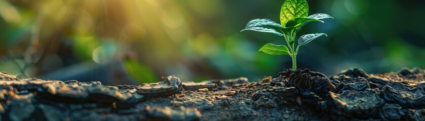 Close-up of a young plant sprouting from a tree trunk, bathed in warm sunlight, symbolizing new life and growth in nature.