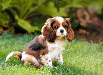 puppy Cavalier King Spaniel dog in garden , generated by AI. High quality photo