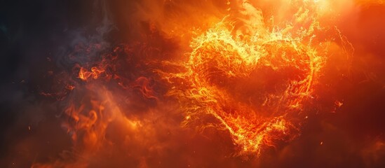 A heart shape made of intense flames and smoke in a dramatic sky, symbolizing passion, love, and energy.