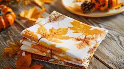 Fototapeta premium A finished set of autumnthemed leaf imprint napkins perfect for seasonal dinners and gatherings..