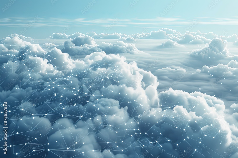 Aufkleber digital composite of cloudscape with mesh network lines symbolizing cloud computing and connectivity
