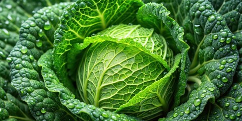 Fototapeta premium Close-up of fresh green cabbage with water droplets, cabbage, vegetable, organic, healthy, food, farm, gardening, close-up