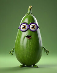 3D animated Cute Cartoon Eggplant Vegetable Character with Big Eyes on a Green Background Character 3D Rendered.