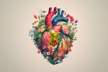 Human heart made with colorful flowers. Vibrant flora. Tiny ecosystem.