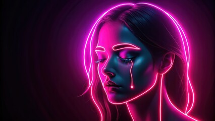 Neon outline of a beautiful lady crying in the darkness, neon, outline, beauty, lady, crying, darkness, emotional, sadness