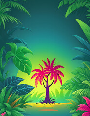 Fototapeta premium Illustration of a tropical background in neon light in retro style, with tropical leaf and trees silhouette, vintage style 
