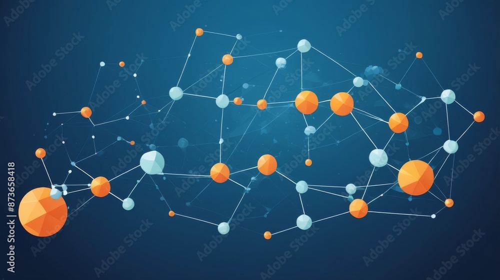 Poster an innovative communication technology vector design featuring molecules and a 3d mesh with circles,