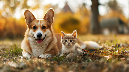 Happy Corgi dog and Tabby kitten sitting together in park, looking at camera, best friends concept, copy space